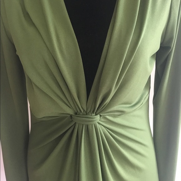 Green colored pull-on top with low cut neck with ruching center, long sleeves. - Picture 2 of 6